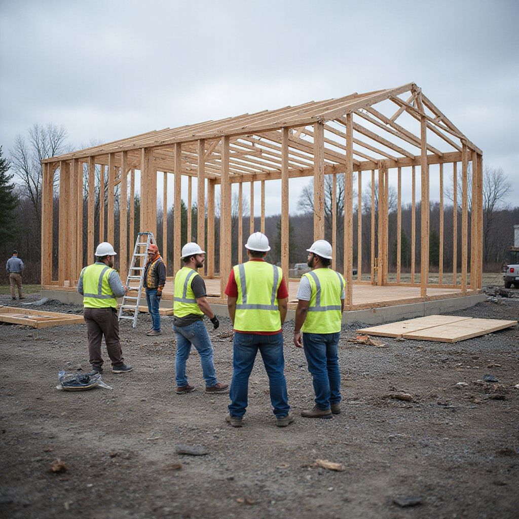 Construction workers in safety vests and hard hats at a building's wooden frame.