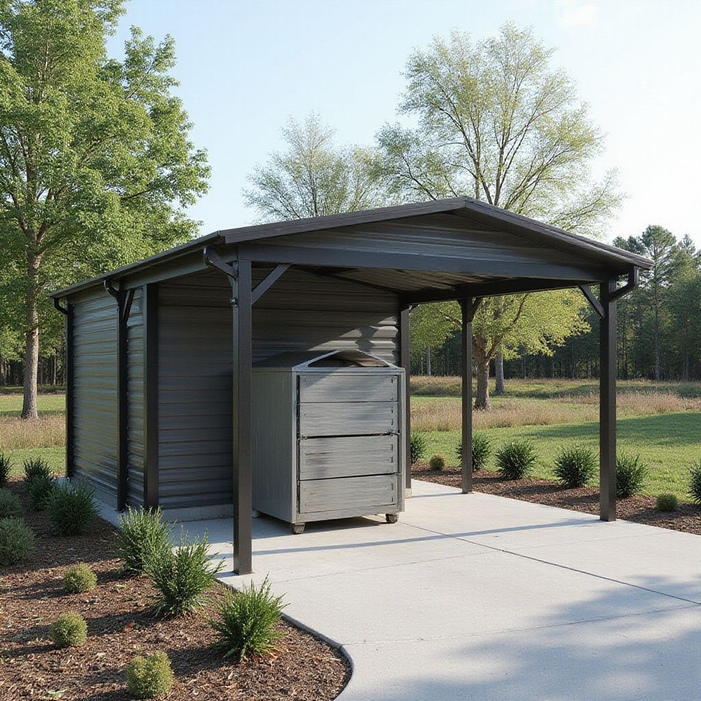 A dark brown metal carport with a shed on the left, housing a large gray container, on a concrete pad.