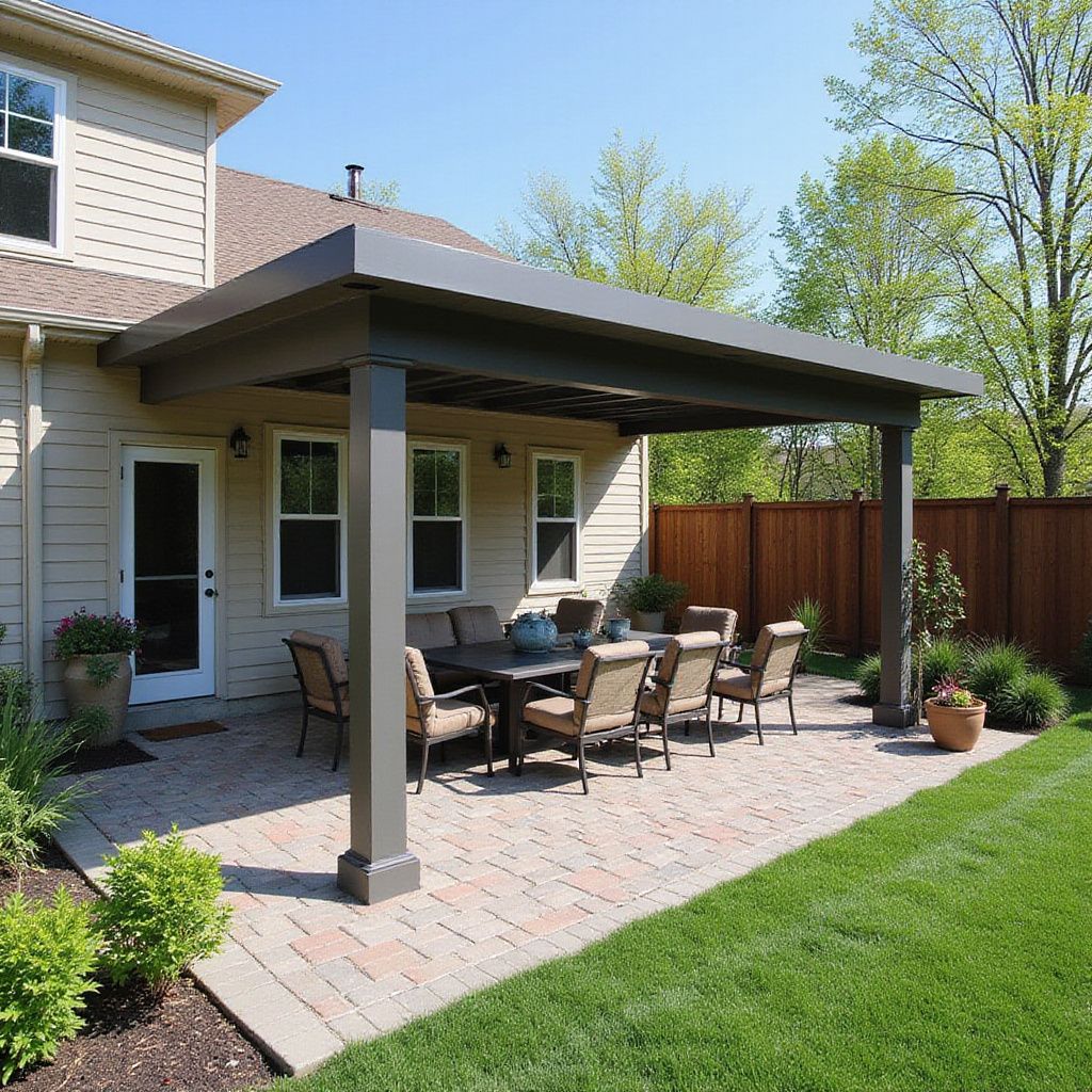 Patio with a dining table under a dark-gray pergola next to a house with beige siding and a green lawn.