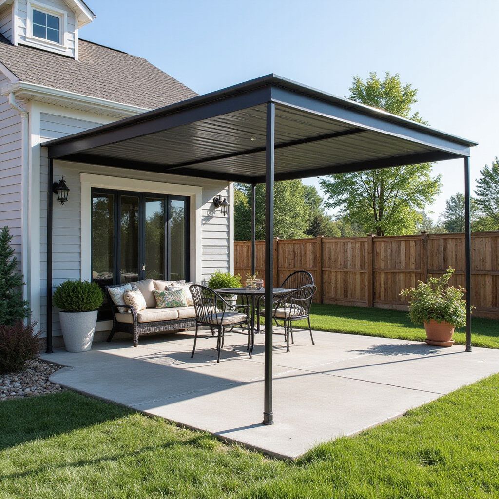 Black pergola over a patio with outdoor seating next to a house with a grass lawn.