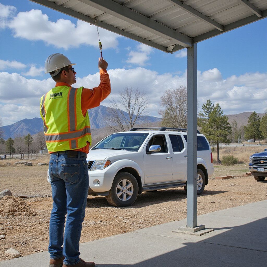 Construction worker in hard hat and safety vest inspecting a structure. White SUV parked nearby under a shaded overhang.