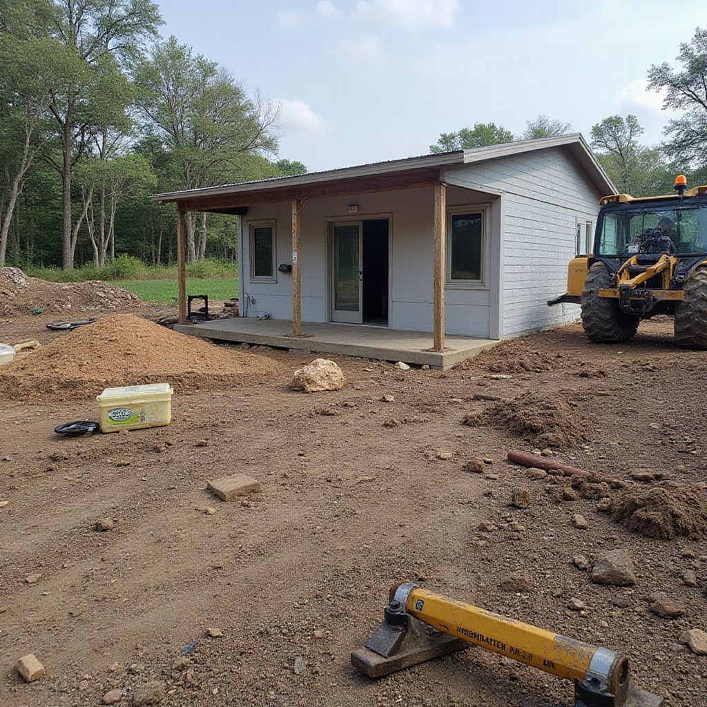 A small, light gray building under construction with a porch and dirt surroundings; a bulldozer is present.