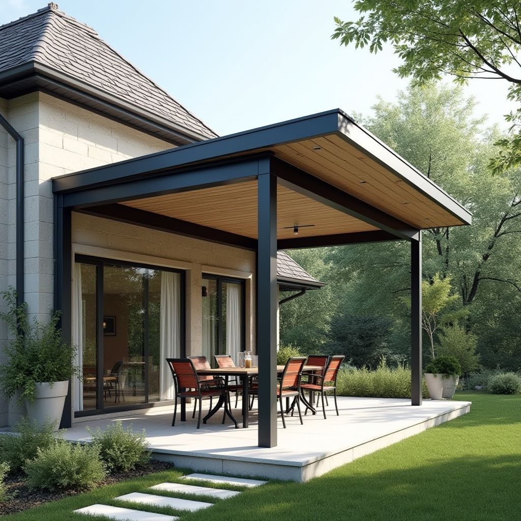 Patio with dining table, chairs, and pergola attached to a light-colored house.