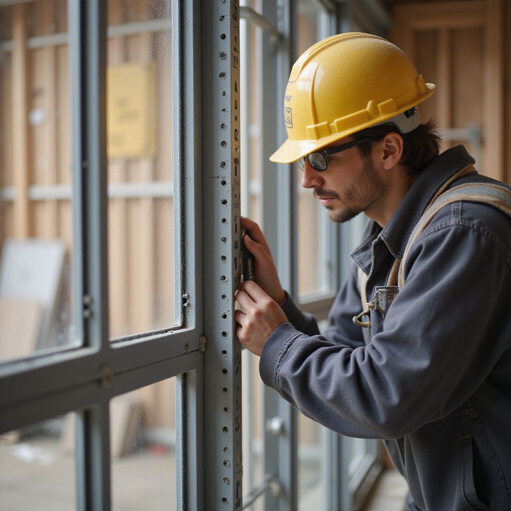 Construction worker in hard hat inspecting a window frame, inside a building.