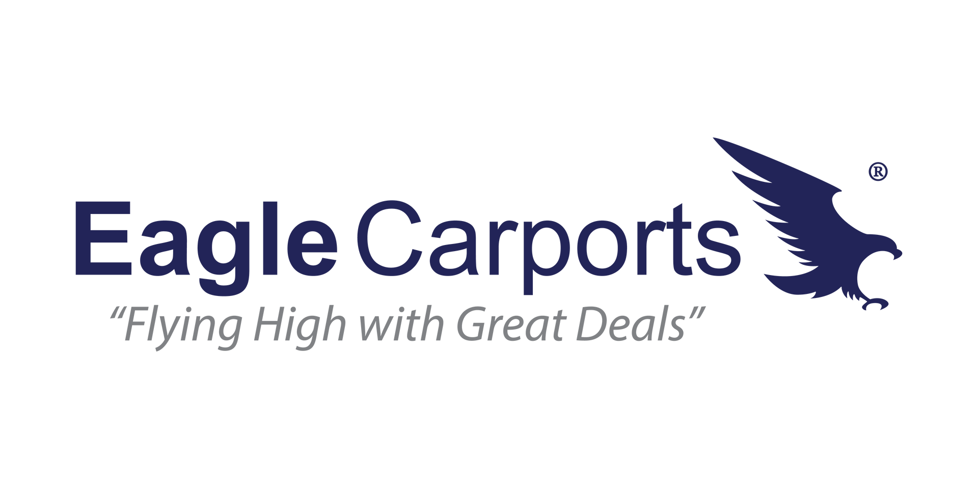 Logo for Eagle Carports. Dark blue eagle graphic next to the words 