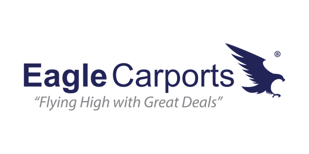 Logo for Eagle Carports. Dark blue eagle graphic next to the words