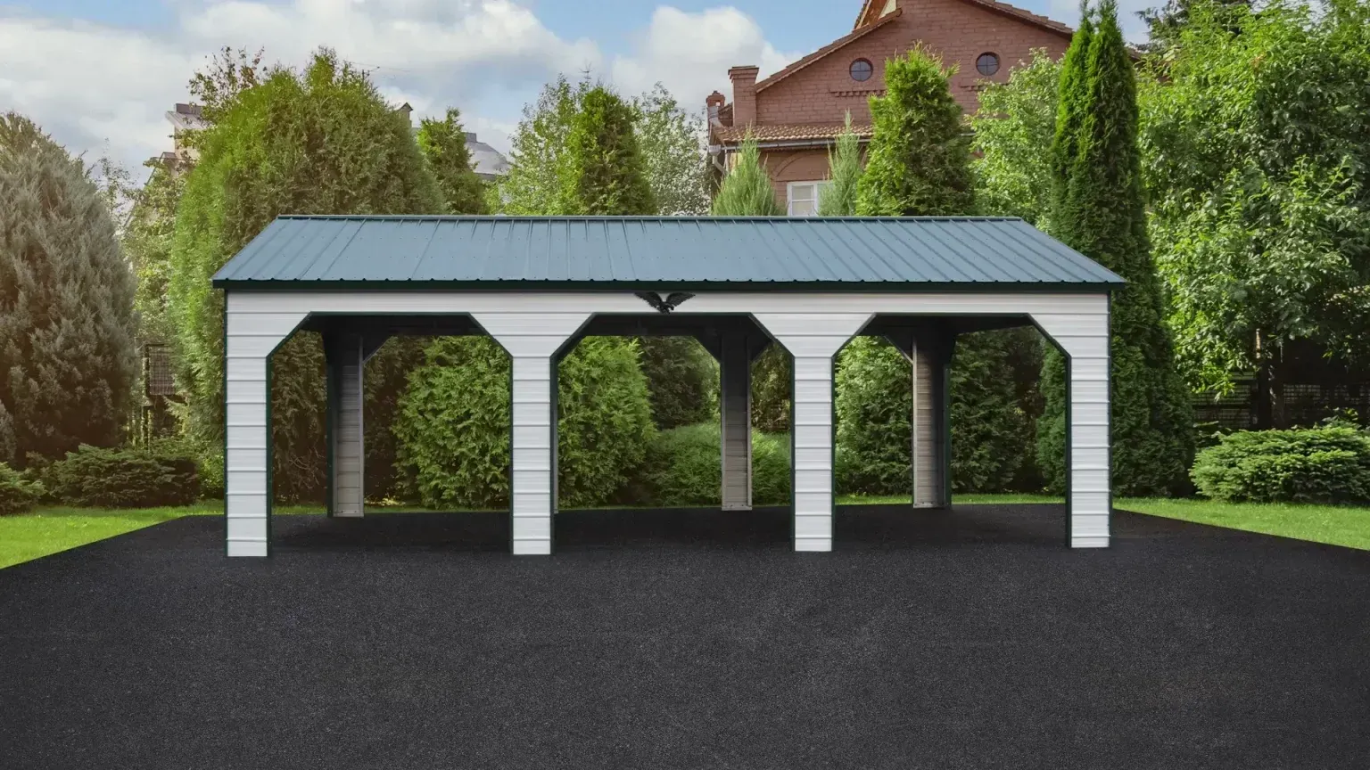 Carport with teal metal roof and white columns, set on asphalt, with trees and a house in the background.