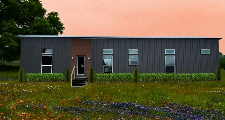 Modern, gray house with rectangular windows on a field of wildflowers under a pink sky.