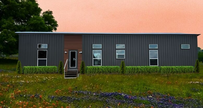 Modern, gray house with rectangular windows on a field of wildflowers under a pink sky.