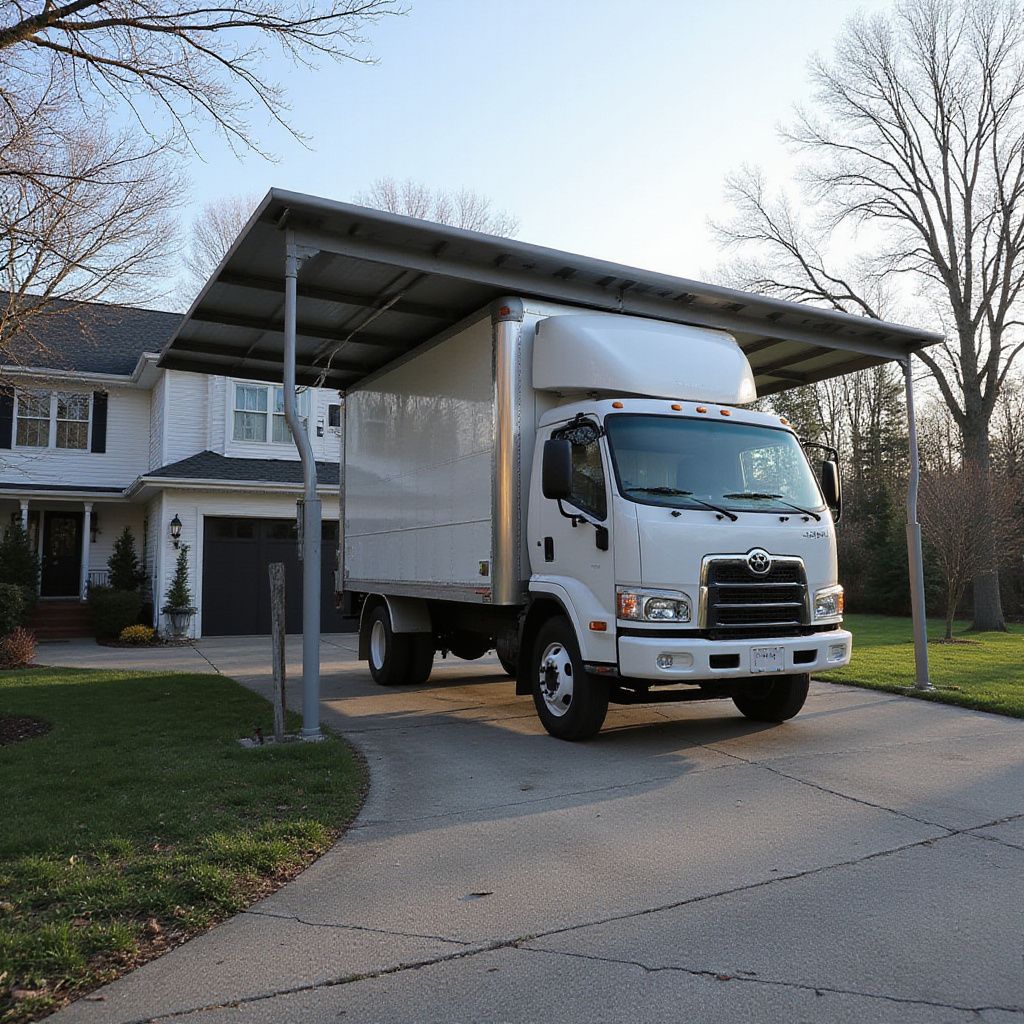 White truck parked under a metal carport in front of a house on a driveway.