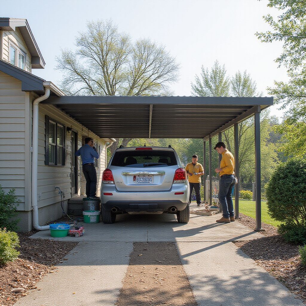 Silver SUV under a carport; three people nearby. Driveway alongside a house. Sunny day.