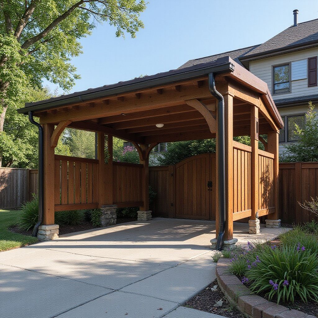 Wooden carport with gate and driveway, brown roof and trim.