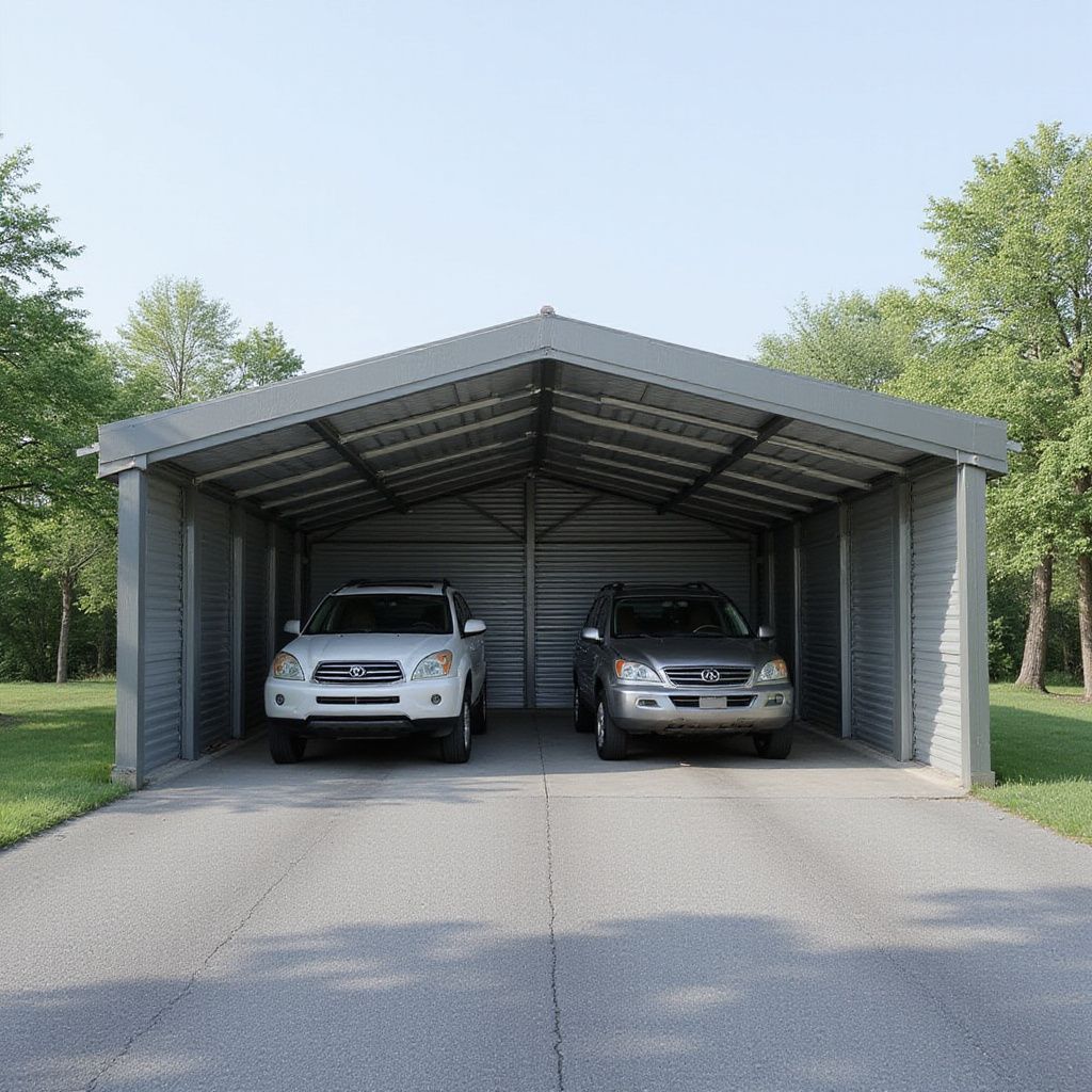 Two cars parked under a metal carport on a paved driveway; green trees in the background.