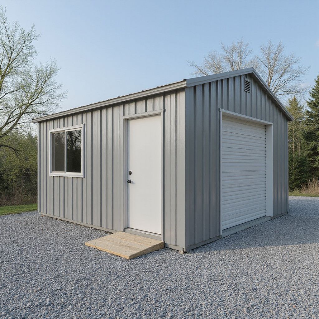 Gray metal shed with a white door, window, and roll-up garage door, on a gravel surface.