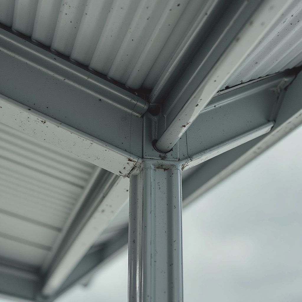 Gray metal awning corner with a support column and drainpipe, overcast sky.