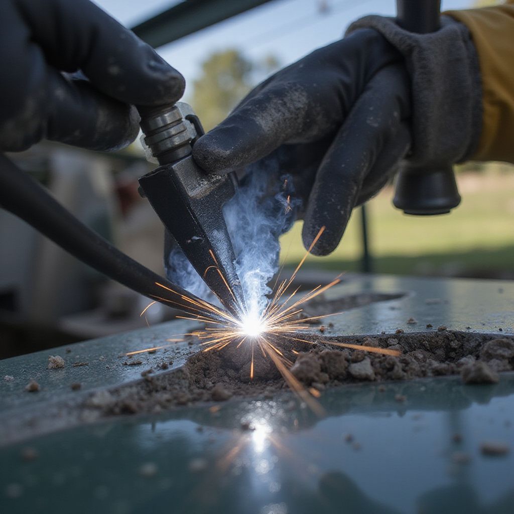 A person welding metal outdoors, sparks flying.