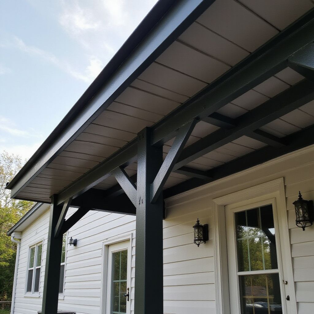 Dark green porch with a white house, light gray ceiling, and sky.