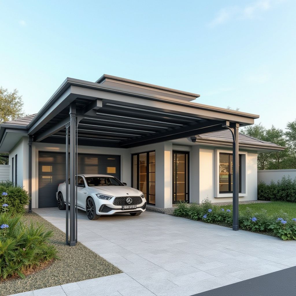 Modern house with carport. White car parked under. Grey exterior, light blue sky, green landscaping.