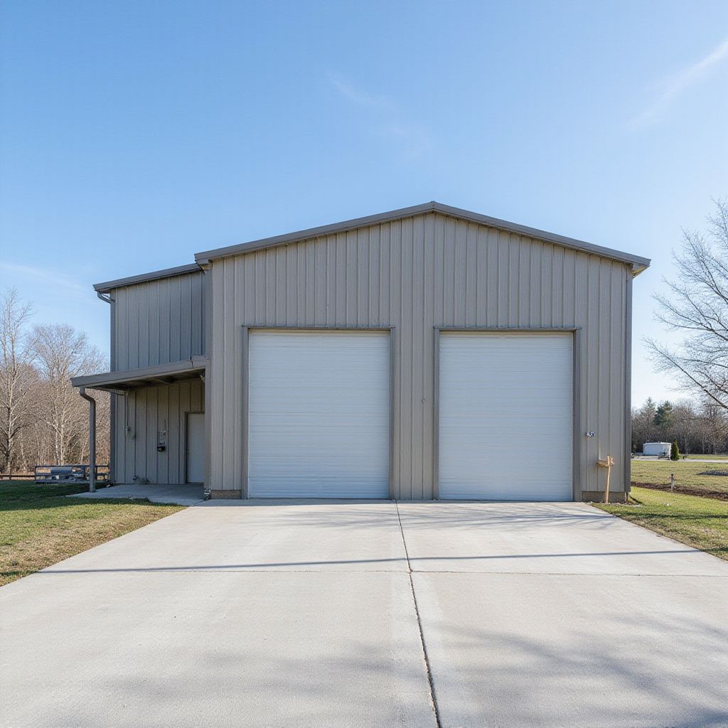 Tan metal building with two garage doors and concrete driveway.