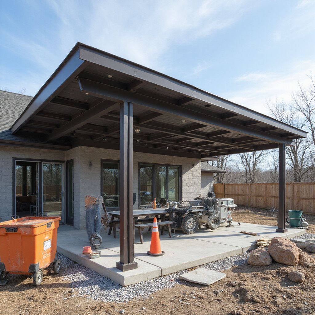 A new brown-framed patio cover extends from a light-colored brick house, over a concrete patio.