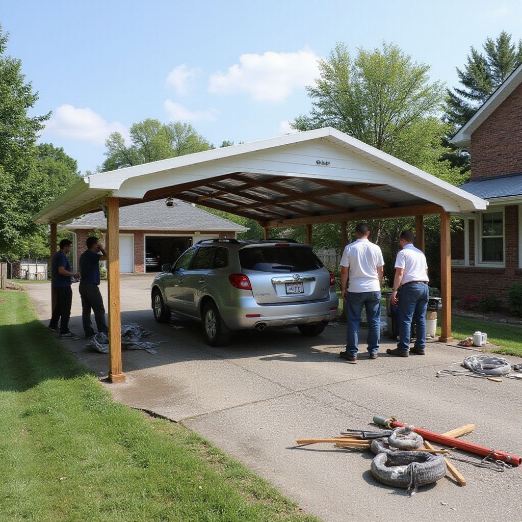 Workers installing a carport over a car parked in a driveway. Tools are scattered nearby.
