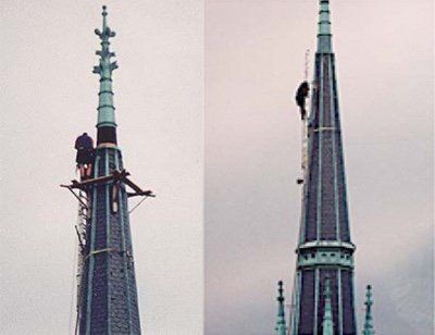 The bottom panel on the top spire was torn from wind damage. It was replaced with 20 oz. copper and chemically oxidized to blend in with the remaining spires.