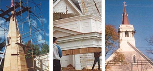 A series of images showing steeple replacement stages