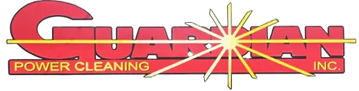 Logo for Guardian Power Cleaning, Inc. Red text with a starburst, yellow lines, and the words "POWER CLEANING" and "INC."