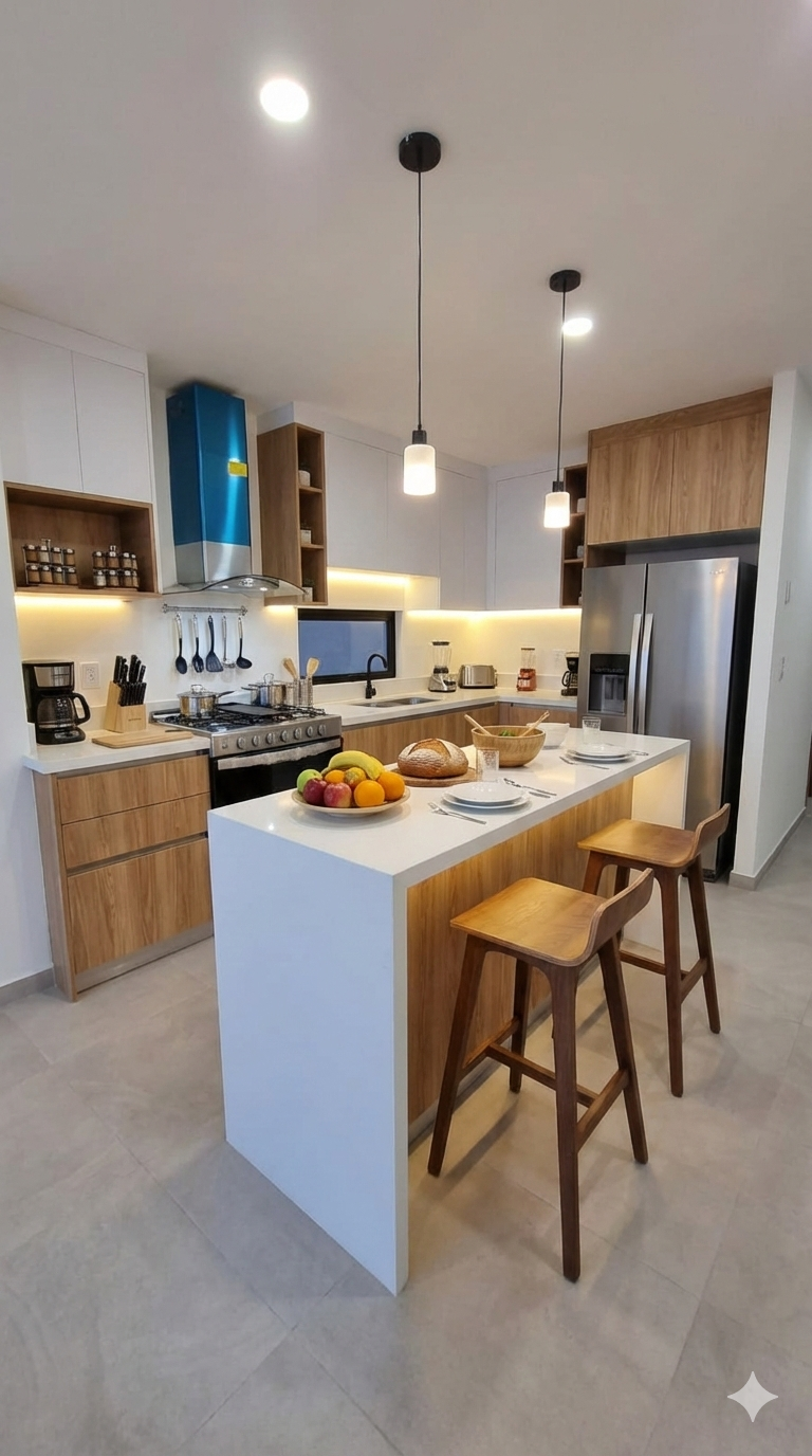 Cocina y comedor de concepto abierto con una persona de pie junto a la encimera para casas en Tijuana