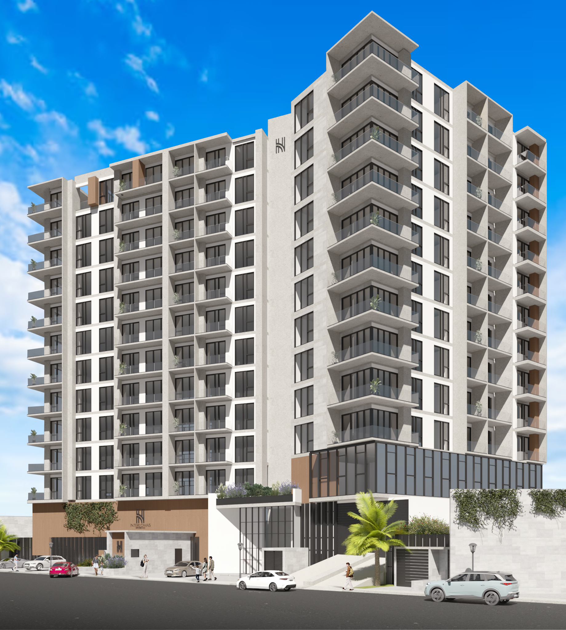 Edificio moderno de gran altura con balcones, fachada de color blanquecino y entrada a nivel de calle, bajo un cielo azul.