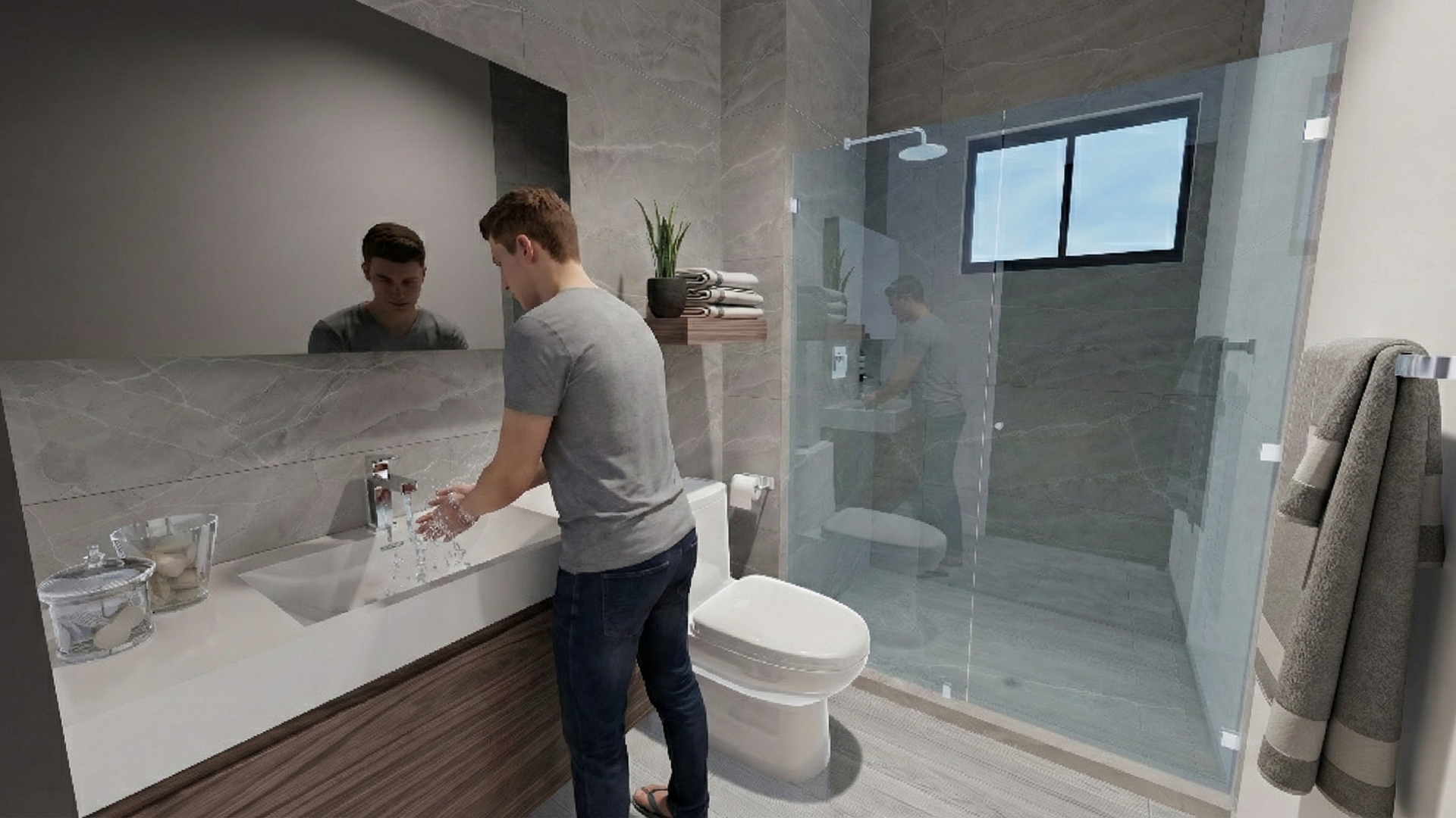 Hombre lavándose las manos en un baño moderno de mármol y cristal para departamentos en TIjuana