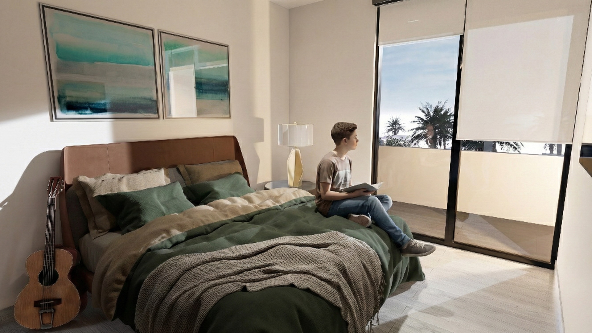 Una persona sentada en la cama, mirando por la ventana para departamentos en TIjuana