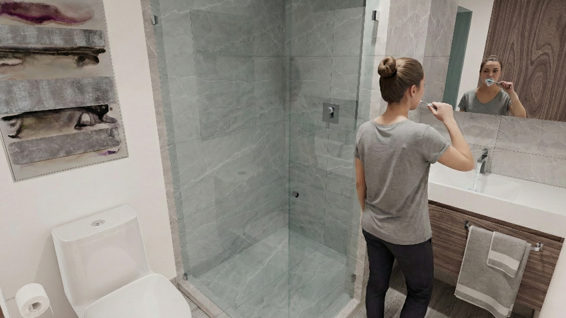 Mujer cepillándose los dientes en un baño moderno con ducha, inodoro y lavabo.