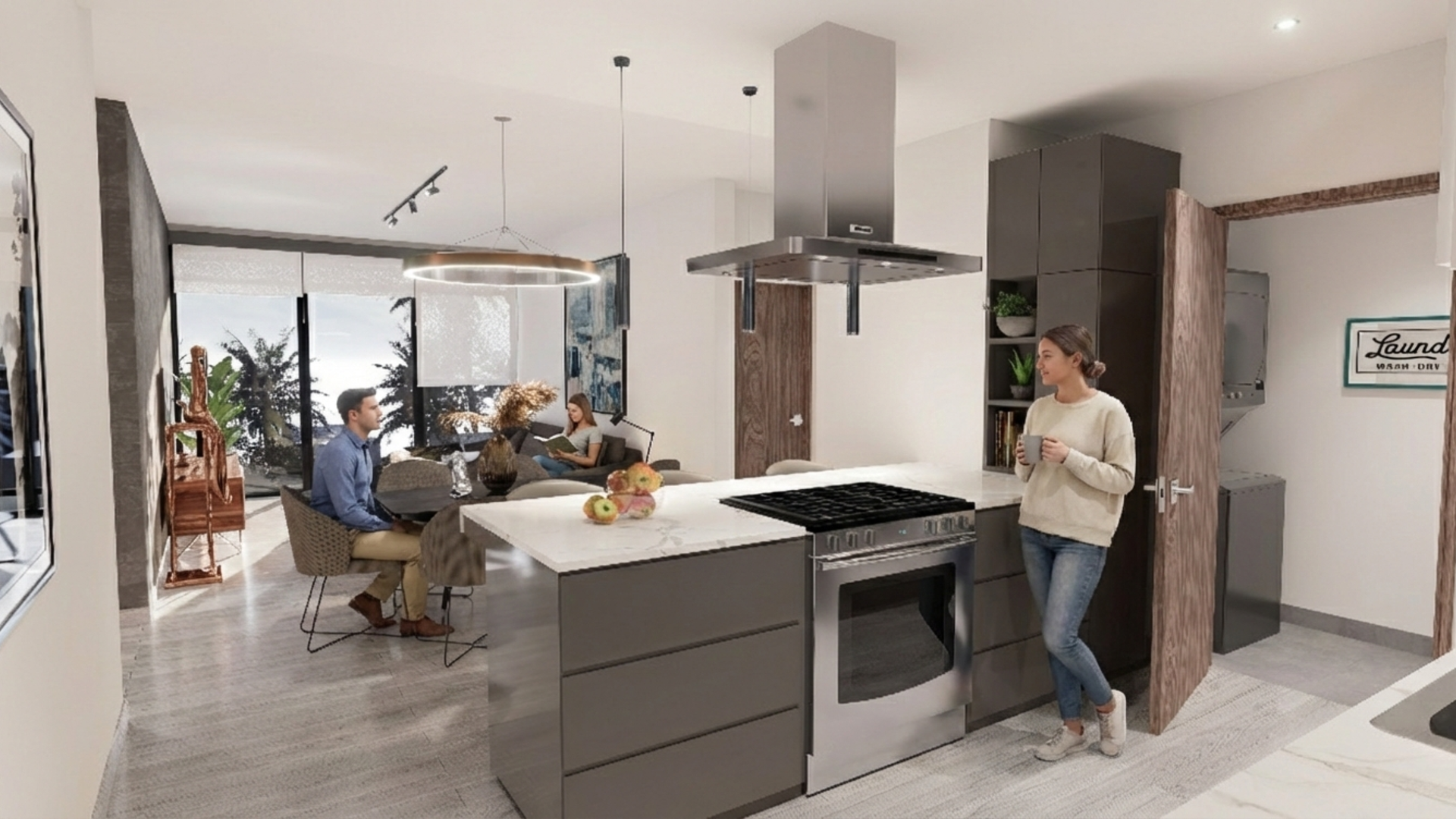 Cocina moderna con isla, estufa y campana; persona parada cerca de los electrodomésticos; otro comedor.