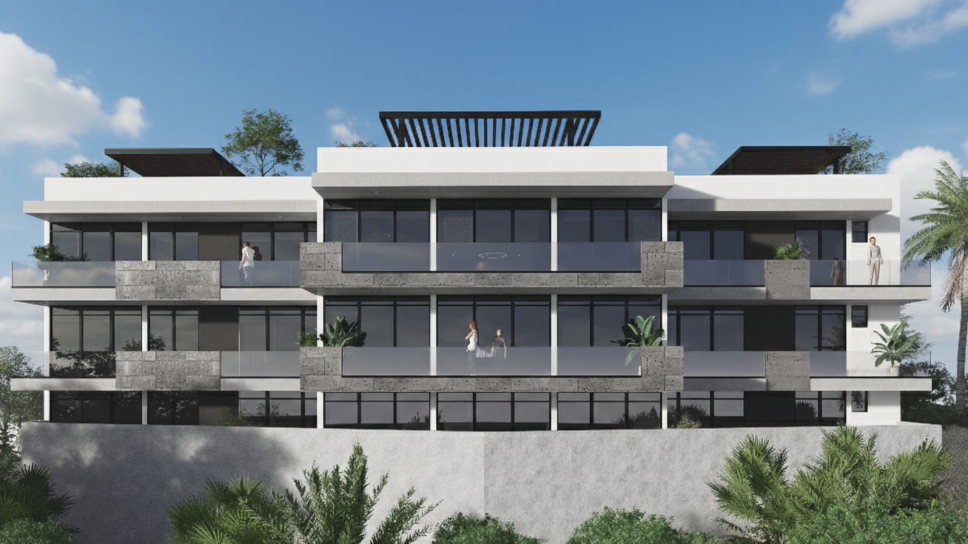 Edificio de apartamentos moderno de color blanco con balcones para departamentos en TIjuana