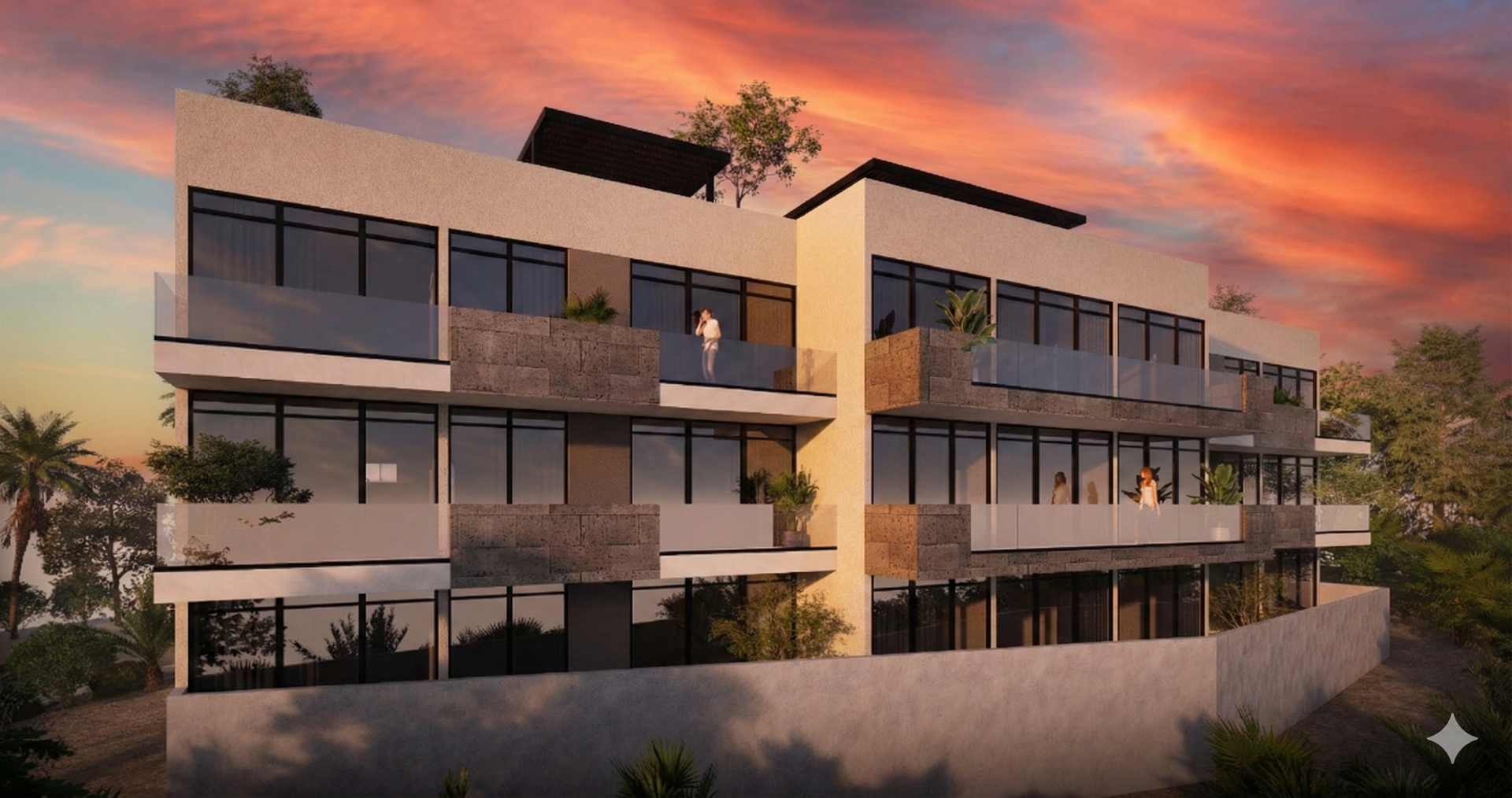 Moderno edificio de apartamentos de varios pisos con balcones y cielo al atardecer.