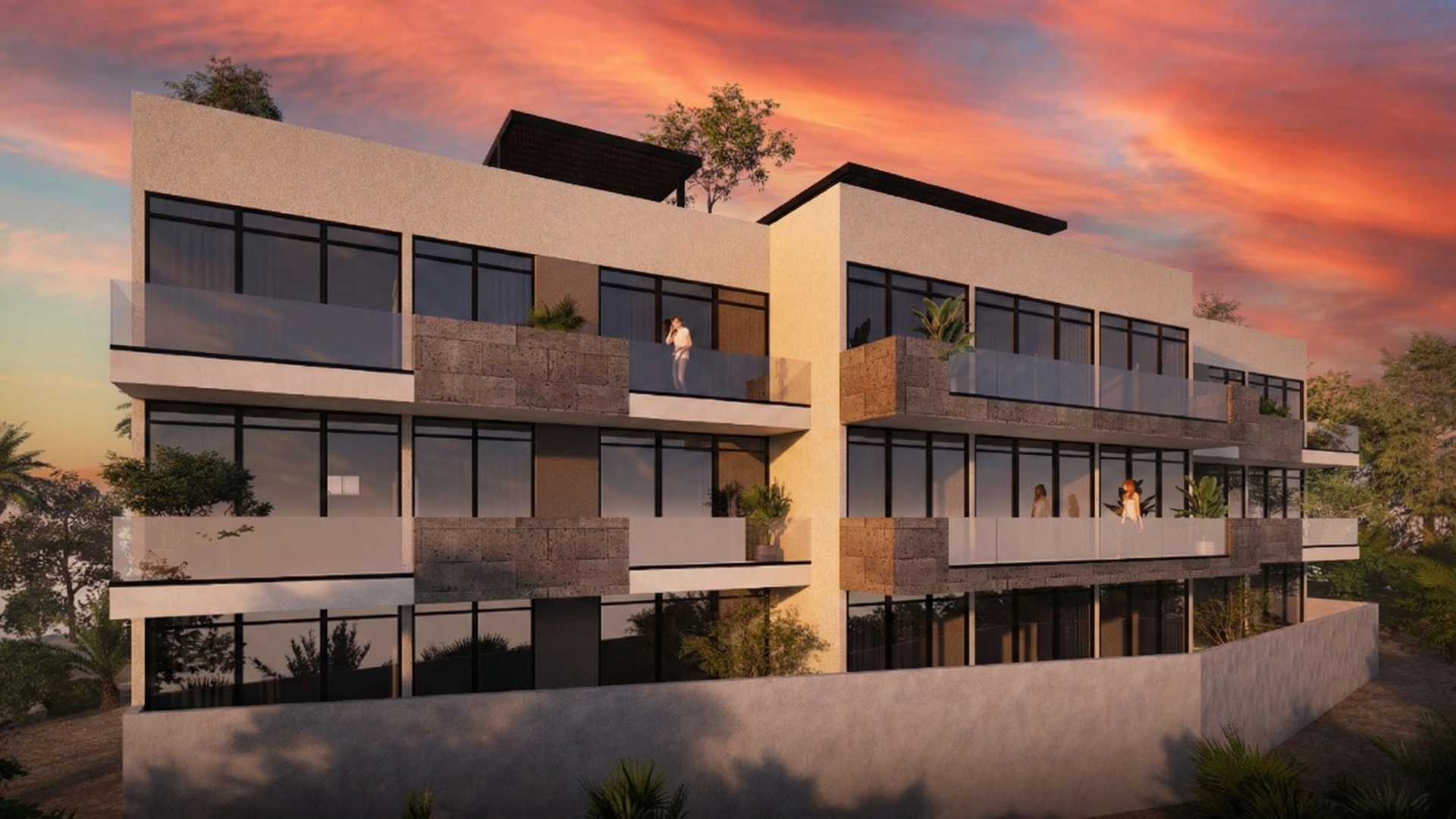 fachada perspectiva al atardecer para departamentos en TIjuana mar de plata