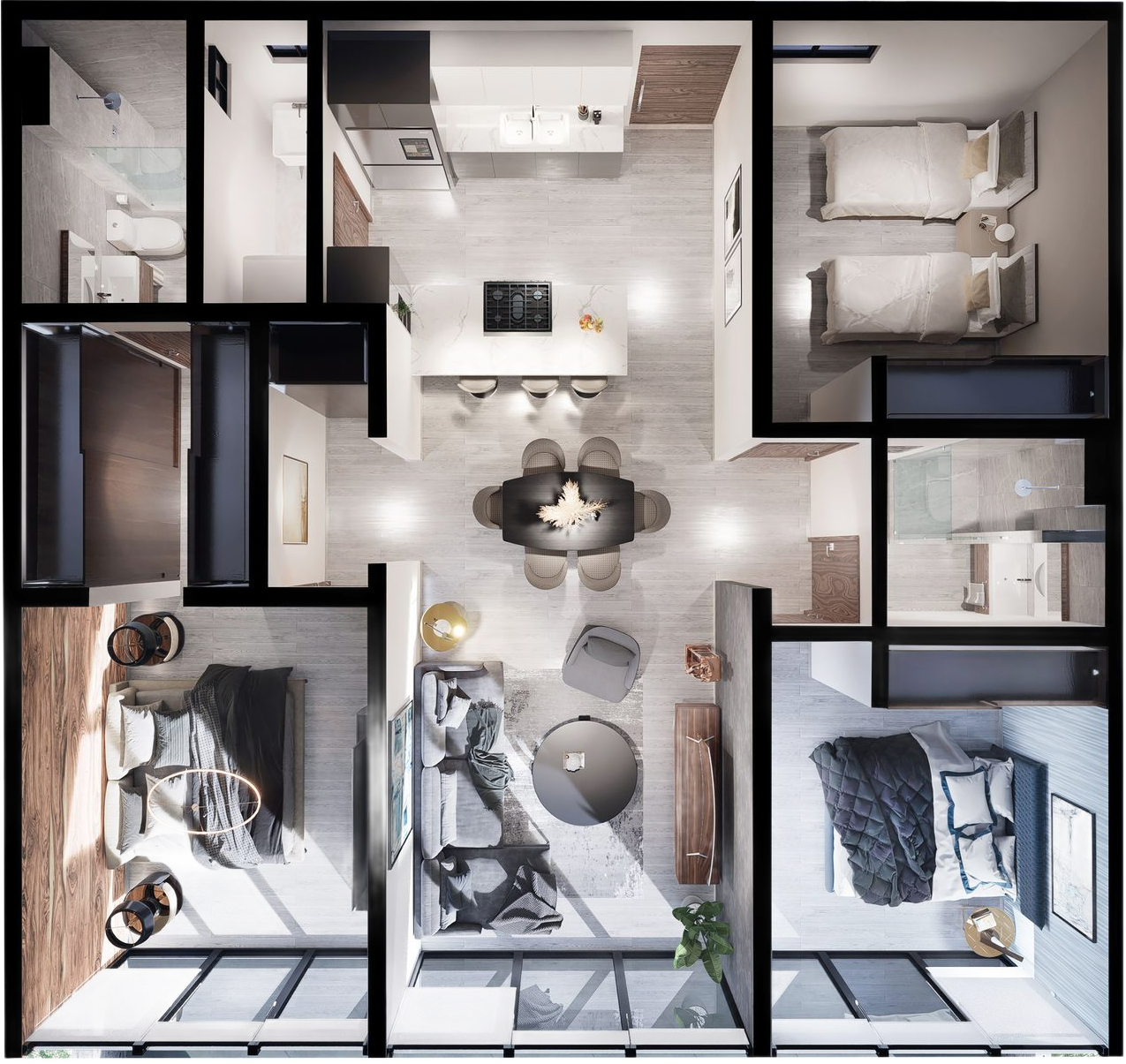 Vista aérea del plano de una casa moderna. Incluye garaje, cocina, sala, comedor y patio amueblado para casas en Tijuana