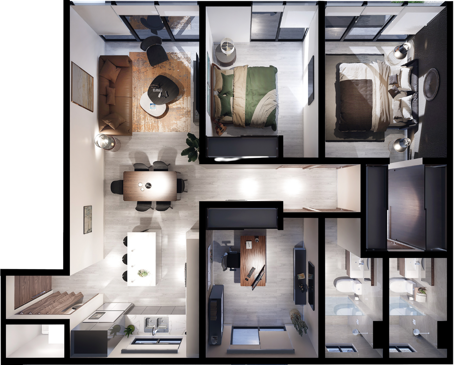 Vista aérea del plano de una casa moderna. Incluye garaje, cocina, sala, comedor y patio amueblado para casas en Tijuana