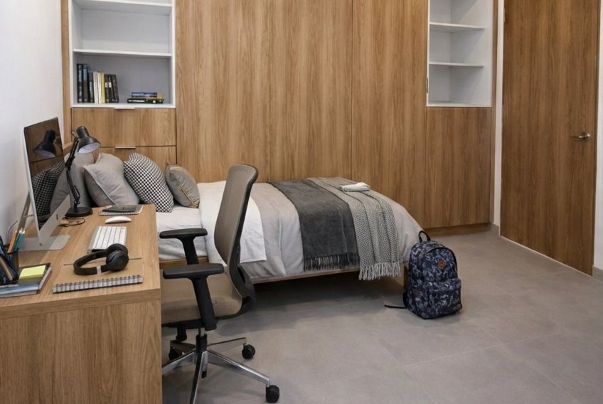 Vista exterior de un resort con piscina, tumbonas y una persona sosteniendo a un niño para casas en Tijuana
