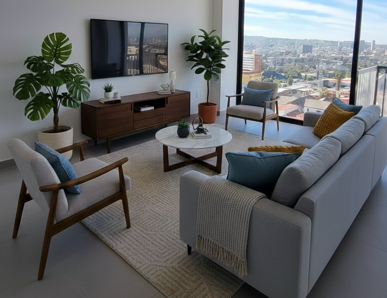 Familia asando al aire libre junto al mar. Un hombre en la parrilla, una mujer y un niño en la mesa   para casas en Tijuana