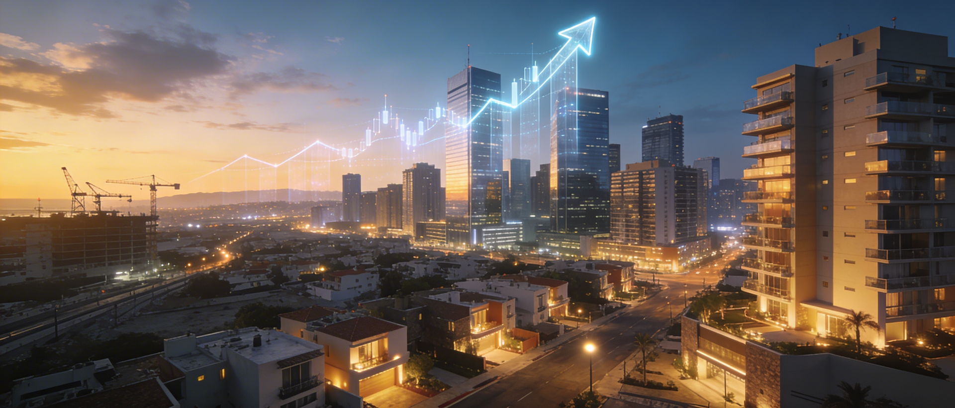 Horizonte de la ciudad con líneas de tendencia del mercado de valores brillantes que se elevan hacia arriba al anochecer.