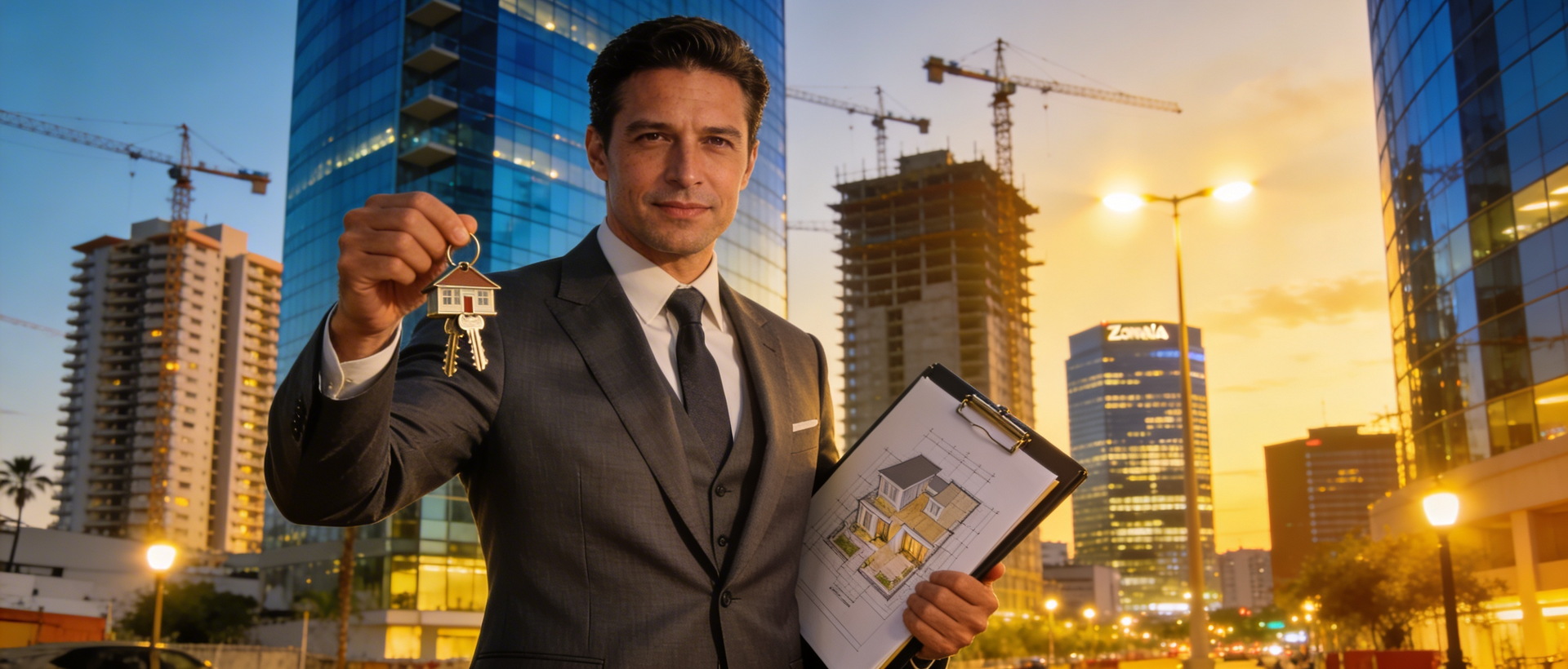 Agente inmobiliario sosteniendo llaves y mostrando planos frente a edificios de la ciudad.