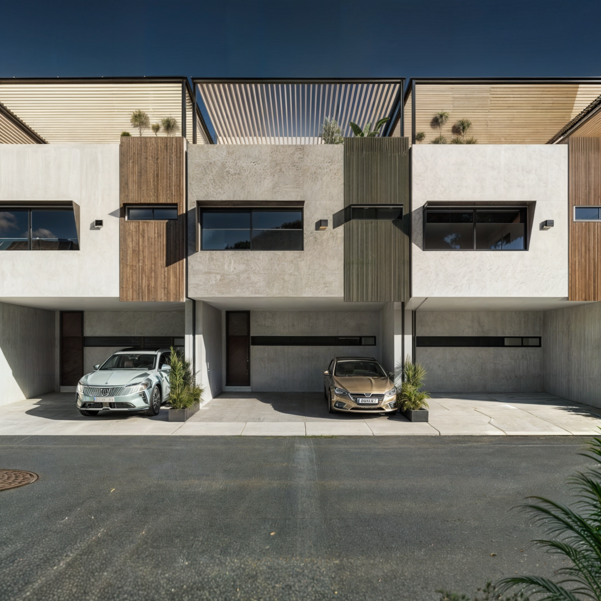 Casas adosadas modernas con coches en garajes; tonos neutros, en la azotea para casas en Tijuana