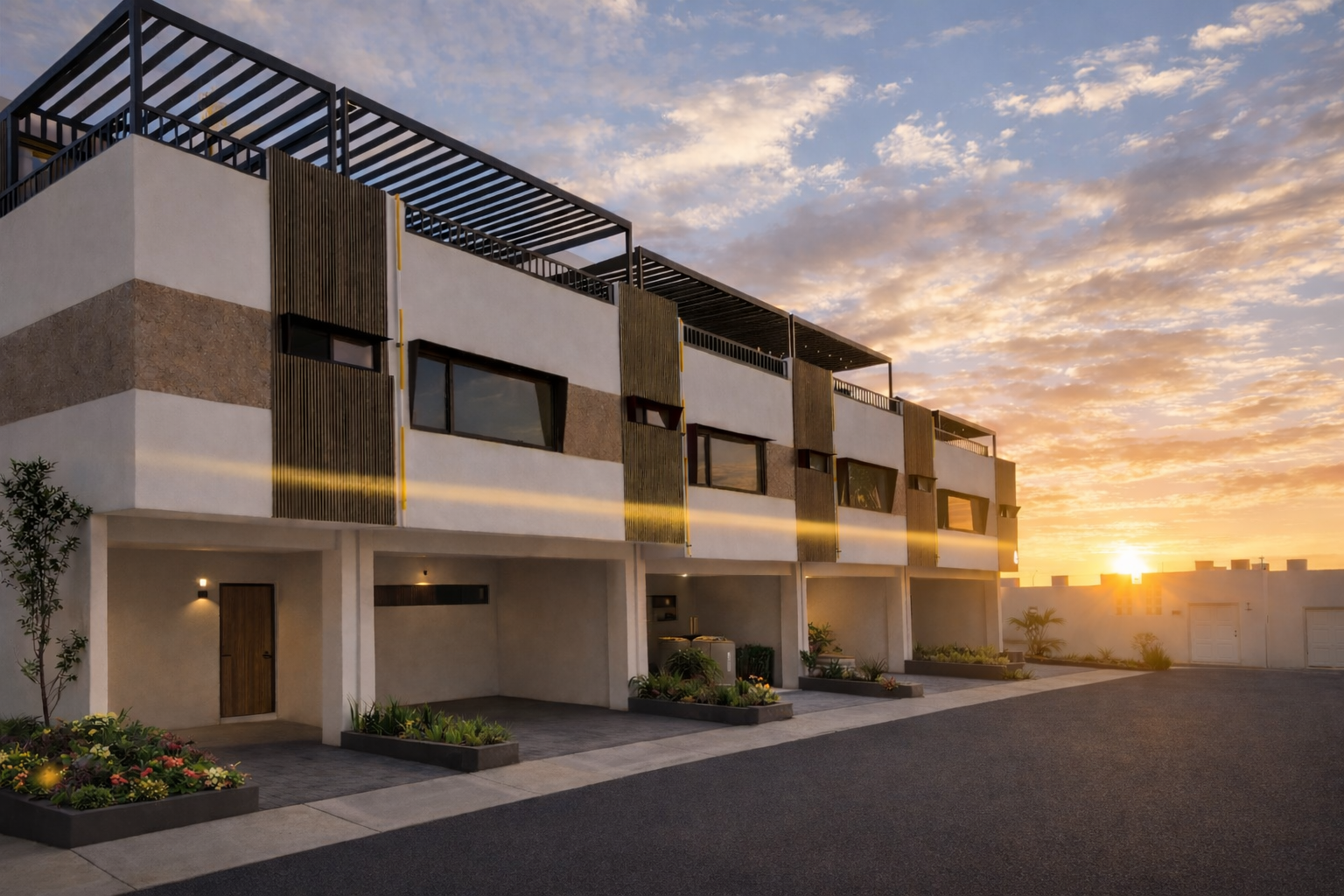 Hilera de casas adosadas modernas al atardecer, con garajes abiertos y jardines para casas en Tijuana