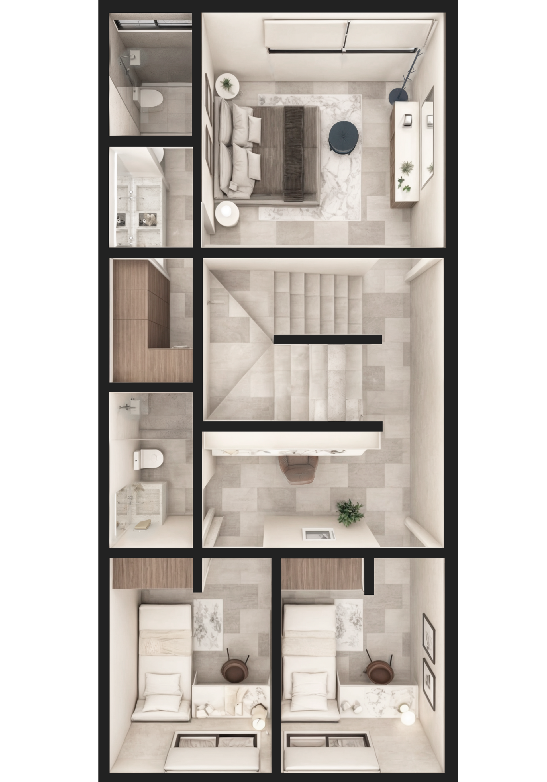 Plano de una casa de dos plantas con dormitorios, baños y escalera. Interiores en tonos claros para casas en Tijuana