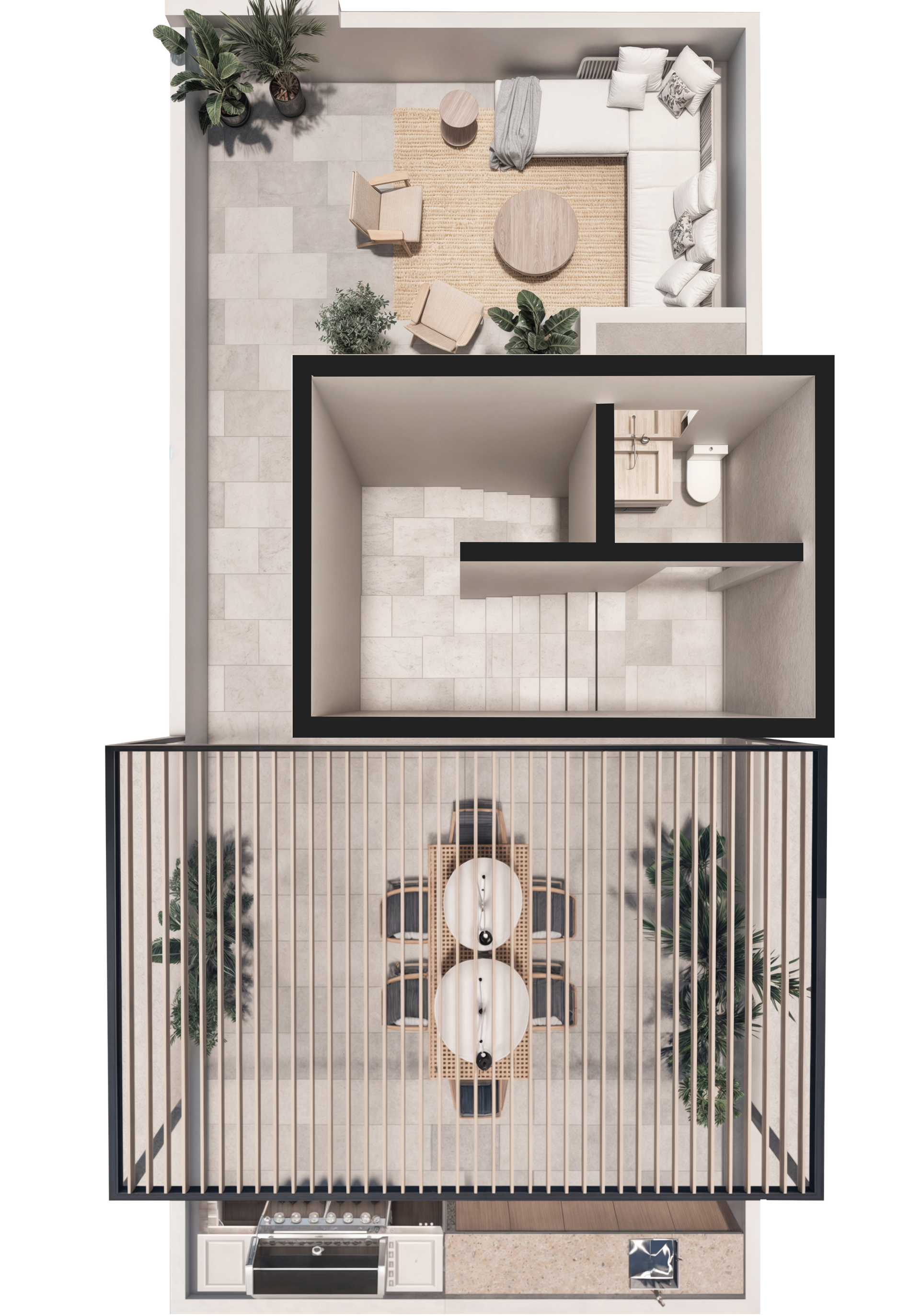 Vista de arriba hacia abajo de un moderno espacio de estar  para casas en Tijuana