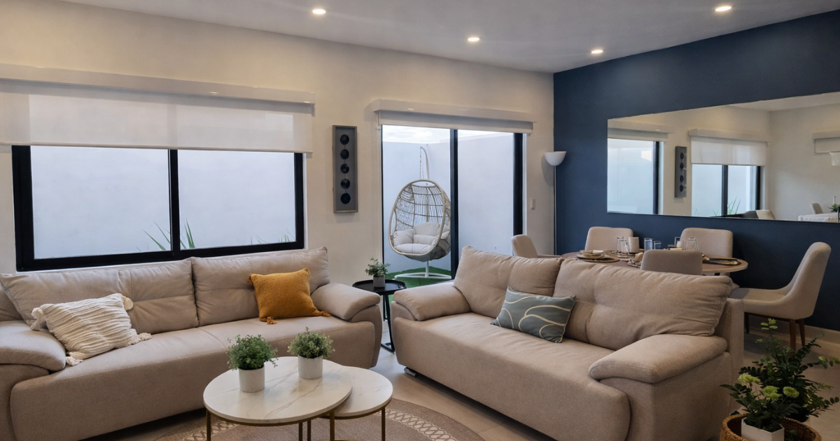 Sala de estar con sofás beige, mesas redondas y un comedor, con una pared con acento azul para casas en Tijuana