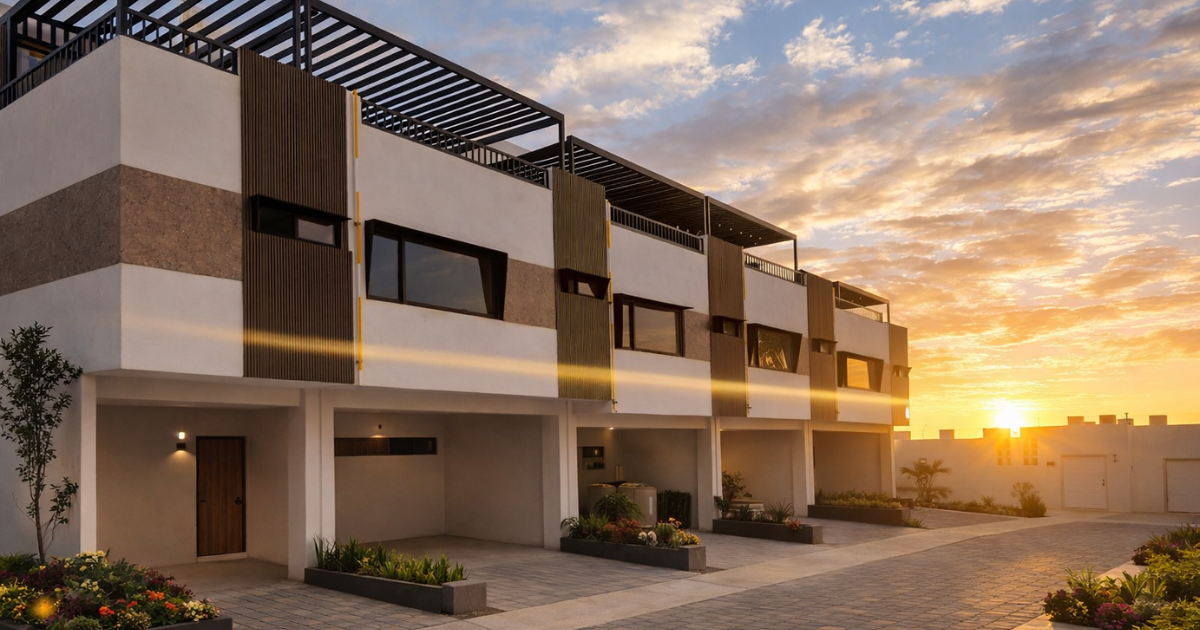 Casas adosadas modernas al atardecer con detalles de madera y caminos de entrada para casas en Tijuana