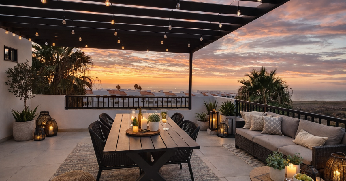 Patio en la azotea al atardecer con mesa de comedor, sofá para casas en Tijuana